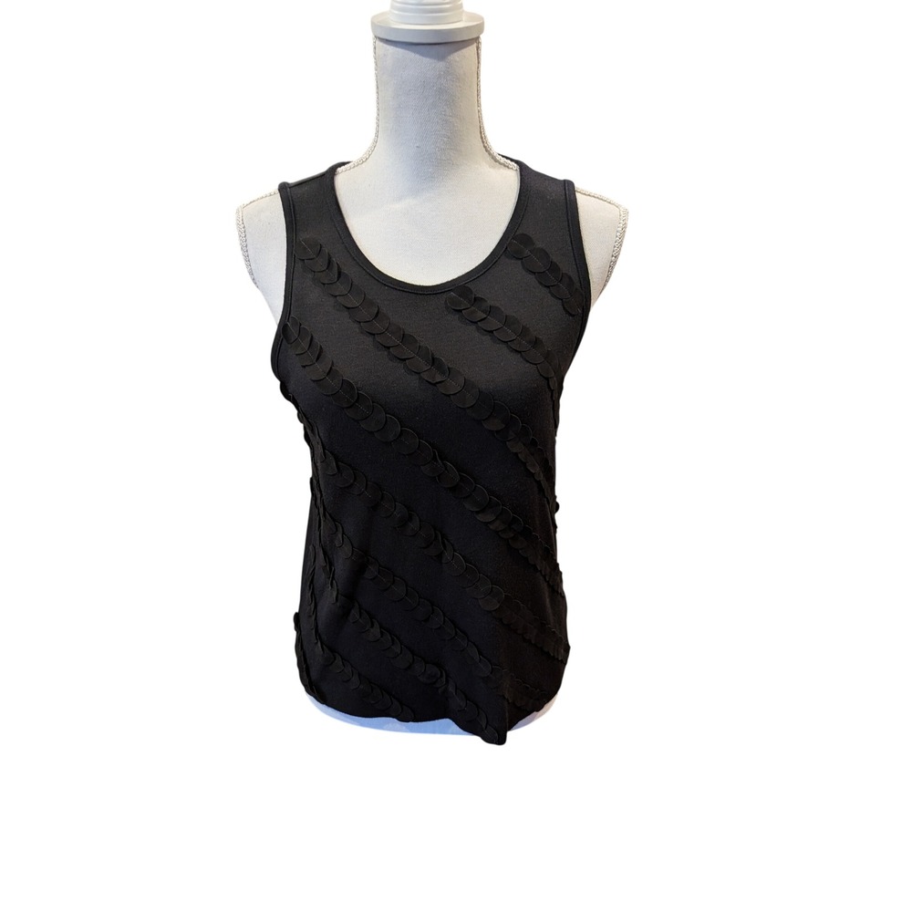 DKNY Tank Top Sleeveless Black Viscose Wool Blend Textured Petal Applique Sz L